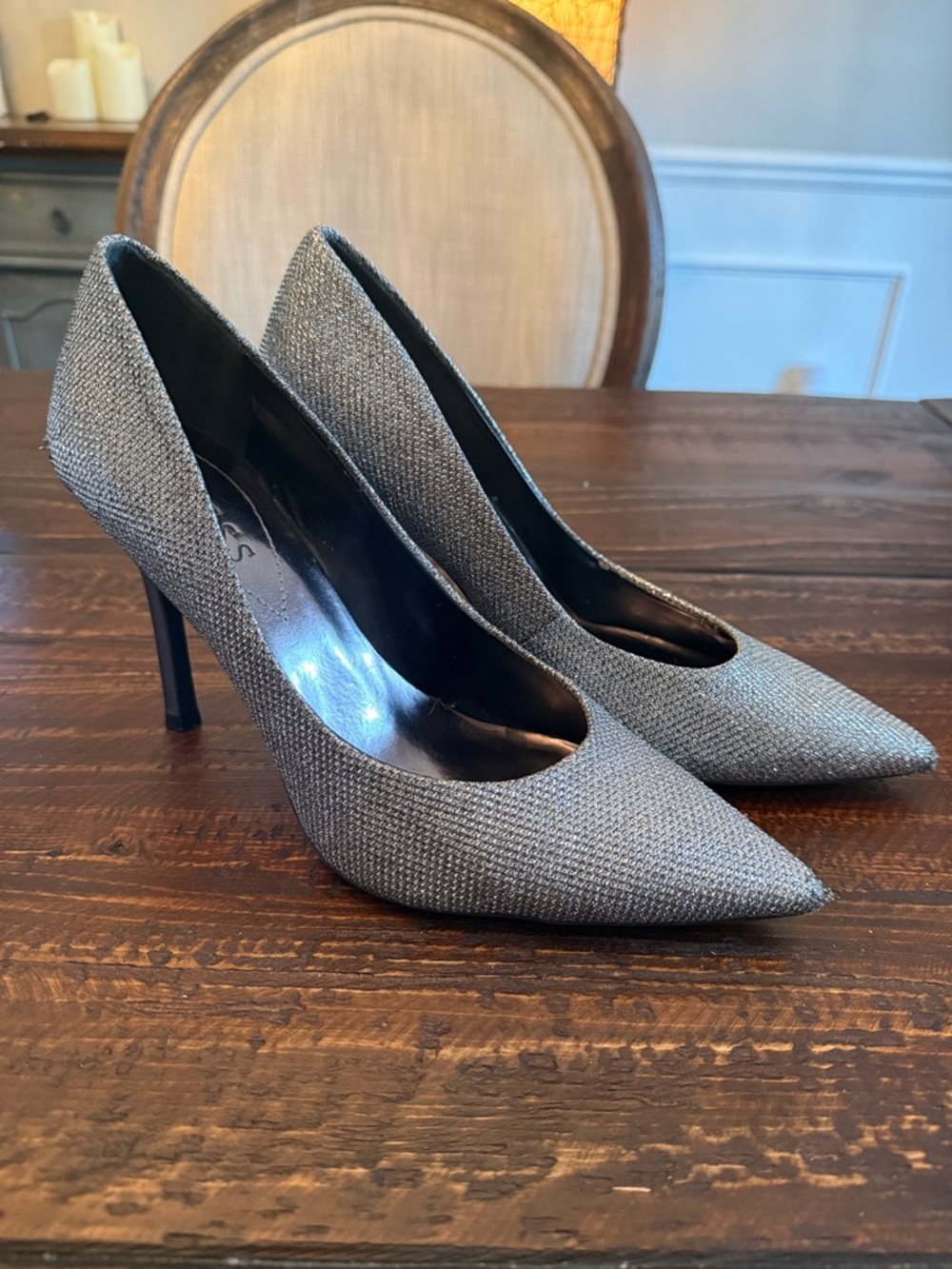GUESS Silver Sparkle Pointed-Toe Stiletto Heels, size 8